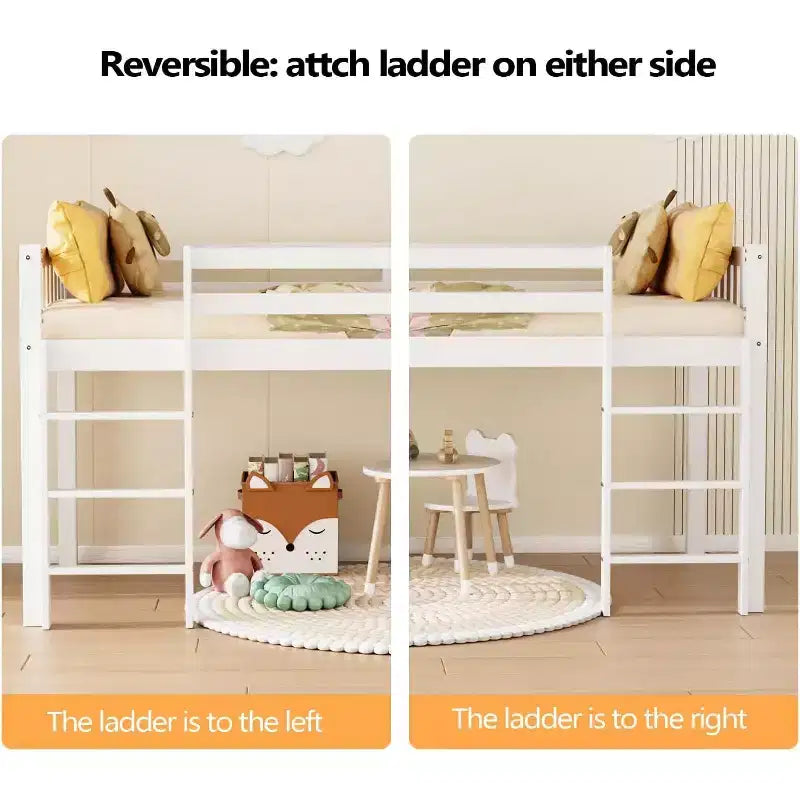 Letto a soppalco basso singolo con ringhiera e scaletta, bianco