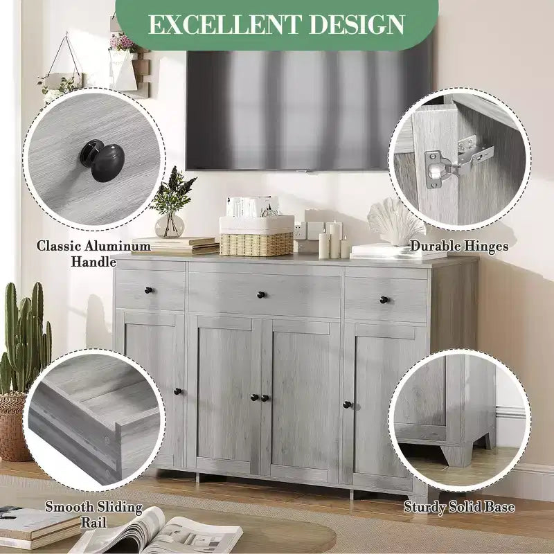 Madia credenza da 55 pollici con 3 cassetti, 4 ante e ripiani regolabili