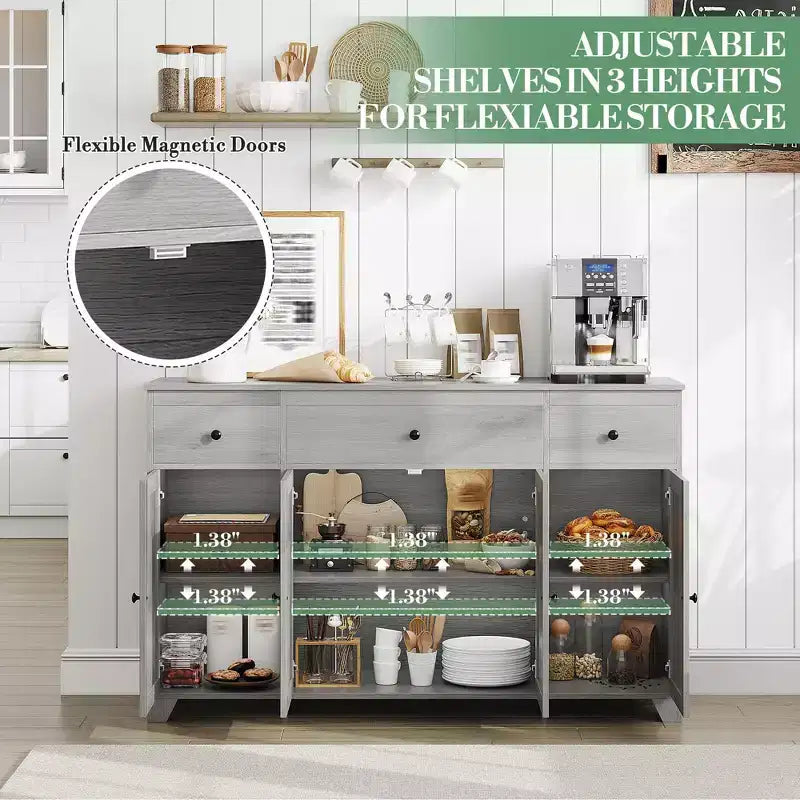 Madia credenza da 55 pollici con 3 cassetti, 4 ante e ripiani regolabili