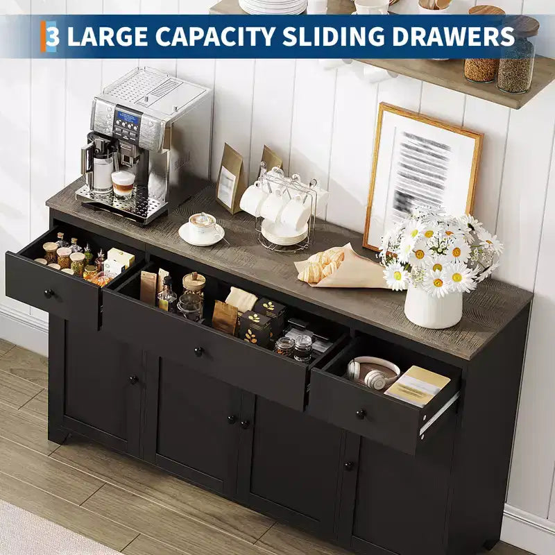 55-Inch Sideboard Buffet Cabinet with 3 Drawers, 4 Doors and Adjustable Shelves