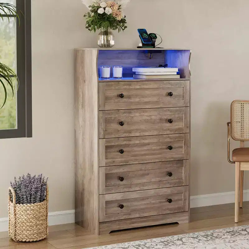 53 Tall 5 Drawer Dresser for Bedroom, Wooden Chest of Drawers with Charging Station, Narrow Nightstand, Living Room Clothing Storage Organizer