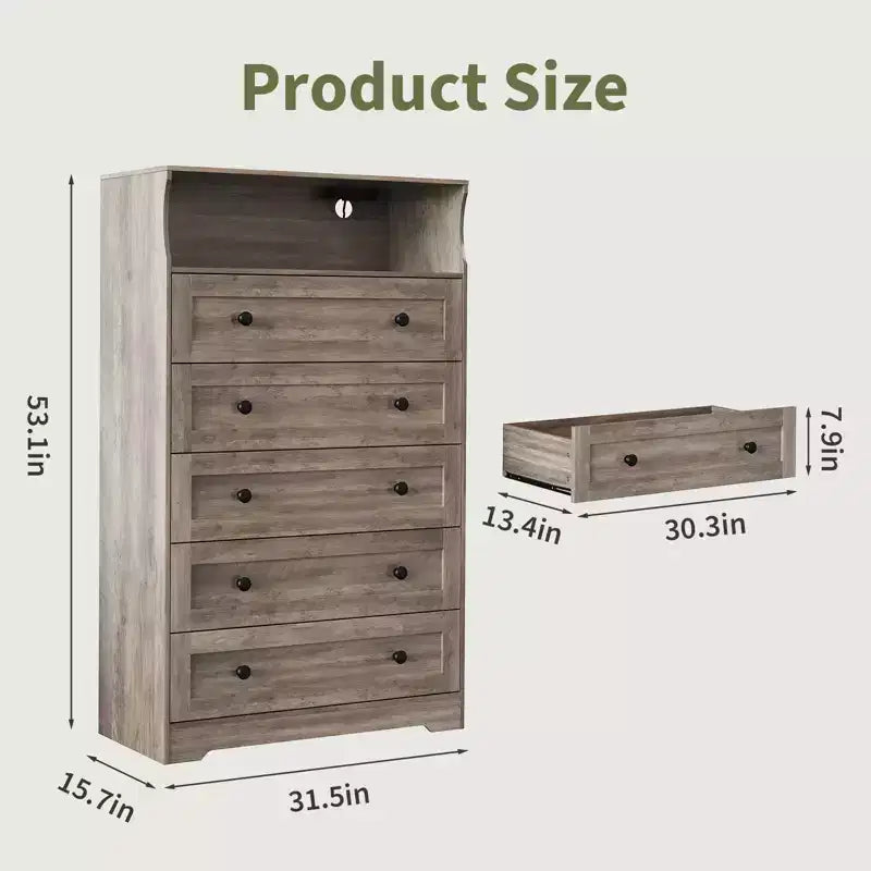 5-Drawer Wooden Dresser with Display Shelf and Charging Station