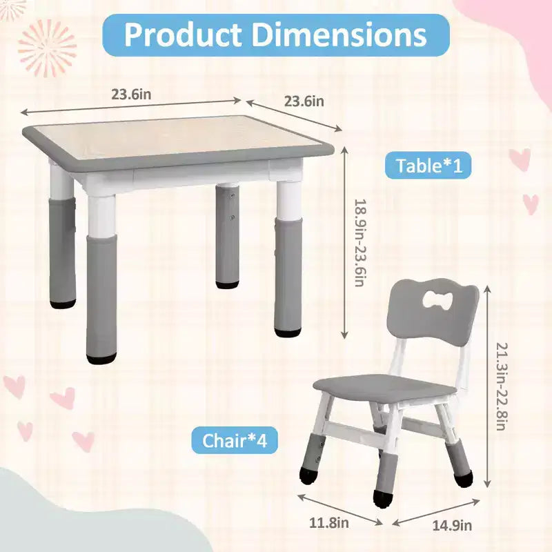 Set Tavolo e 4 Sedie per Bambini con Altezza Regolabile