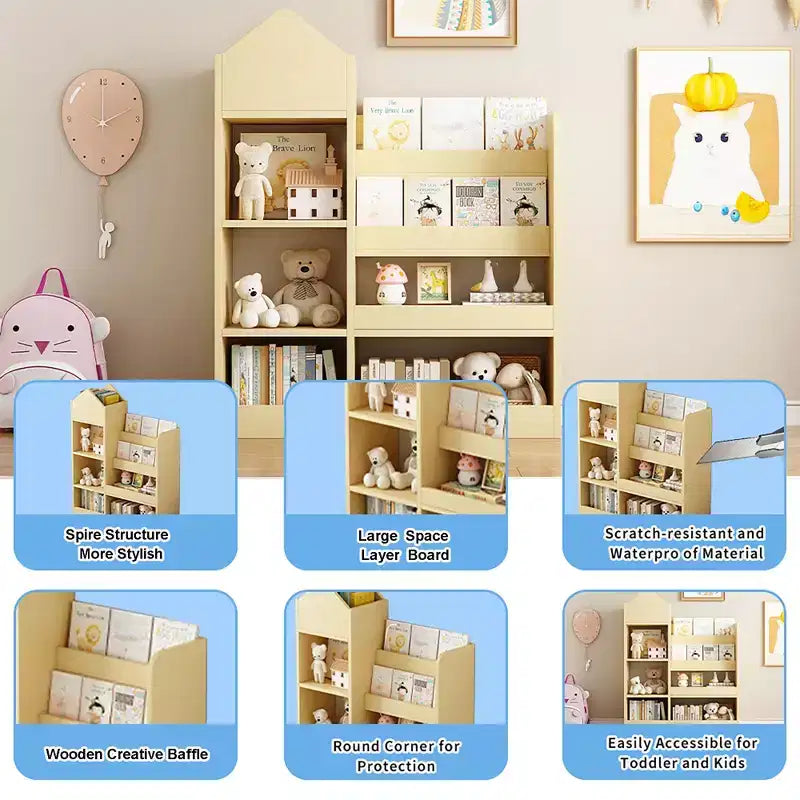 Kids Wooden Bookshelf & Toy Storage Organizer with Baskets and Open Shelves