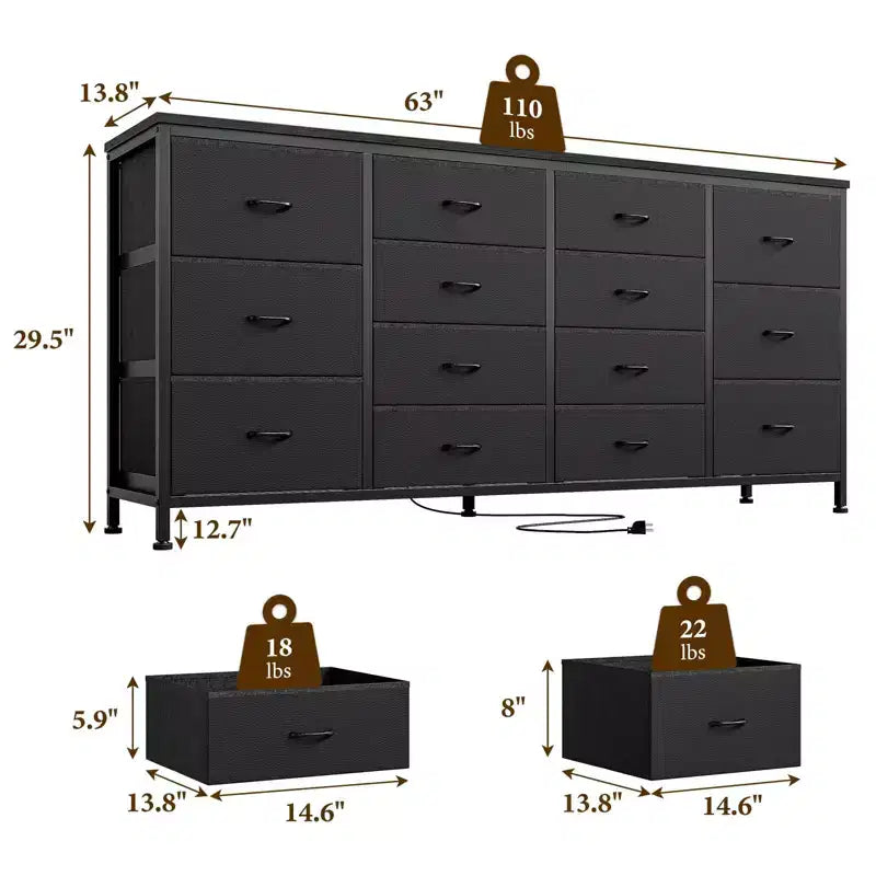 63-Inch TV Stand Dresser with 14 Fabric Drawers and Power Outlets