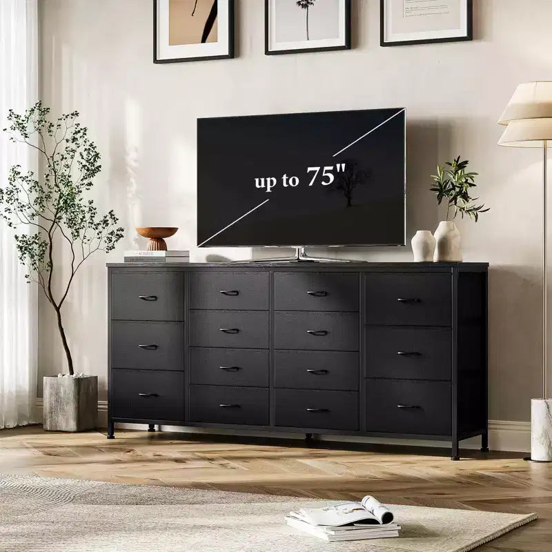 63-Inch TV Stand Dresser with 14 Fabric Drawers and Power Outlets