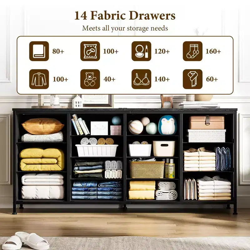 63-Inch TV Stand Dresser with 14 Fabric Drawers and Power Outlets
