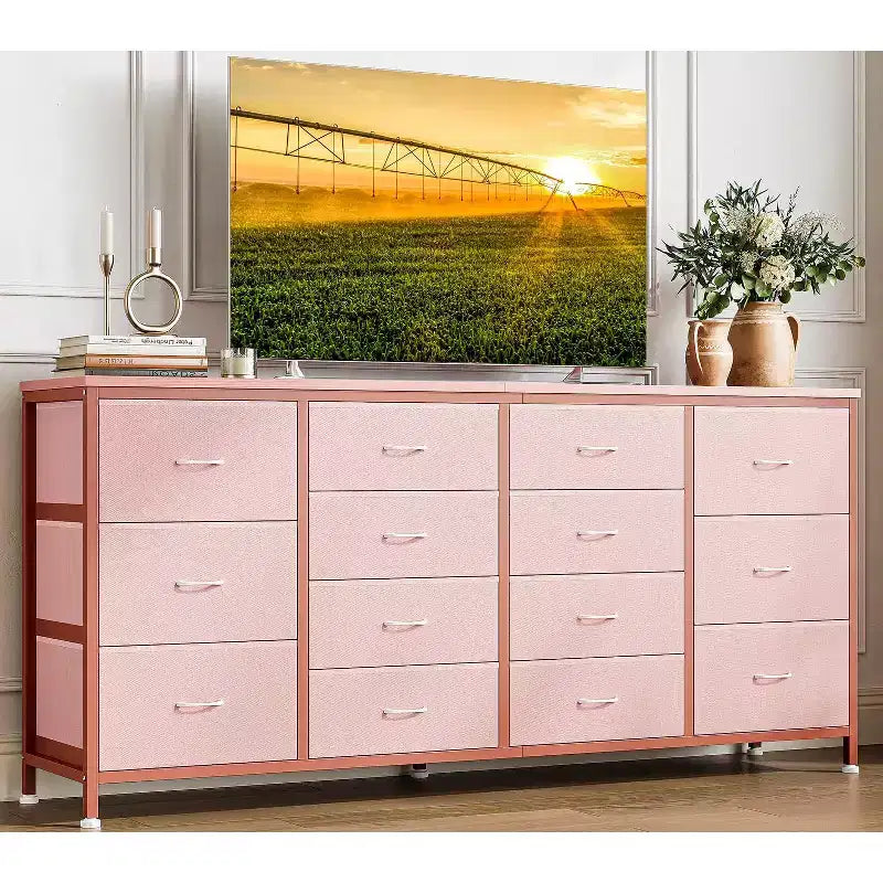 63-Inch TV Stand Dresser with 14 Fabric Drawers and Power Outlets