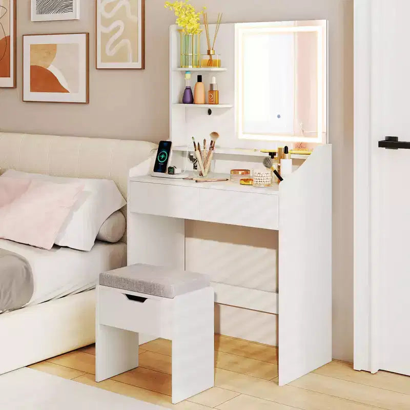 Vanity Desk with LED Mirror and Stool