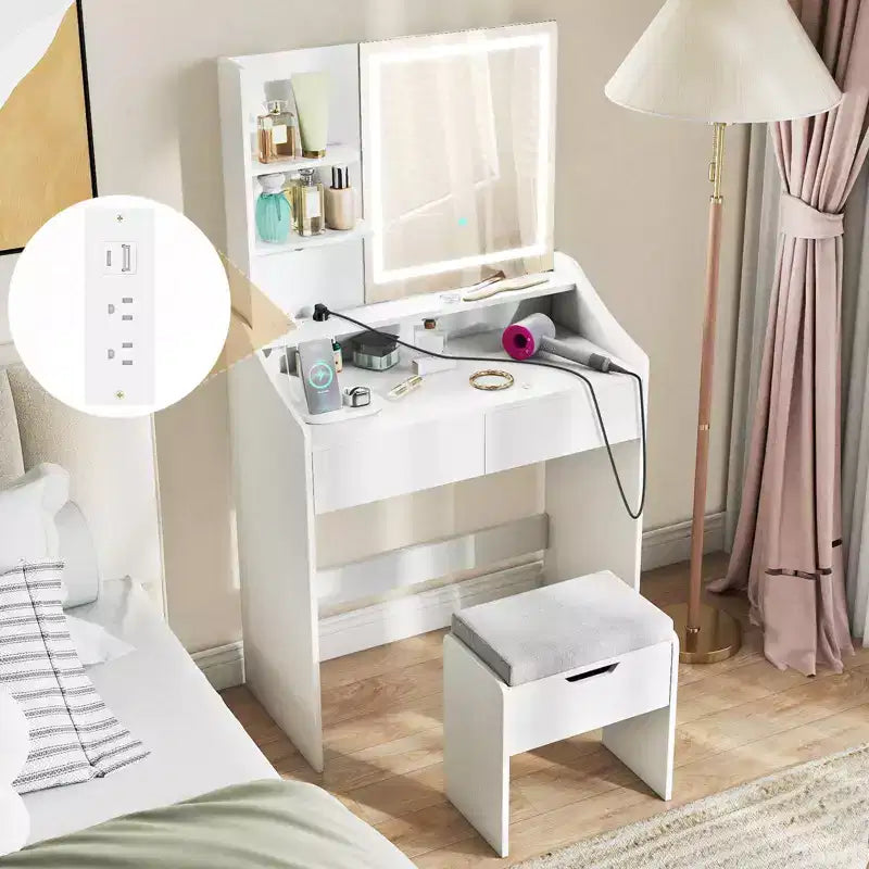 Vanity Desk with LED Mirror and Stool