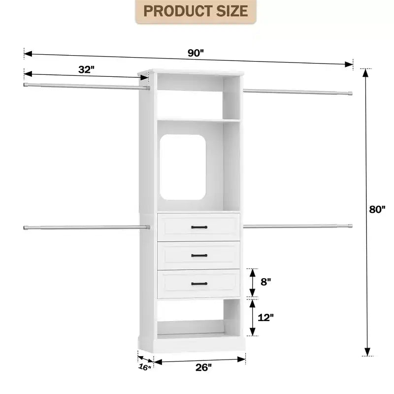 Sistema armadio con 4 aste appendiabiti, 3 cassetti e specchio