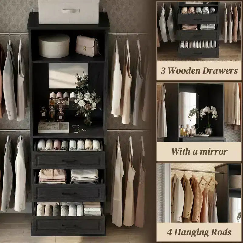 Closet System with 4 Hanging Rods, 3 Drawers and Mirror