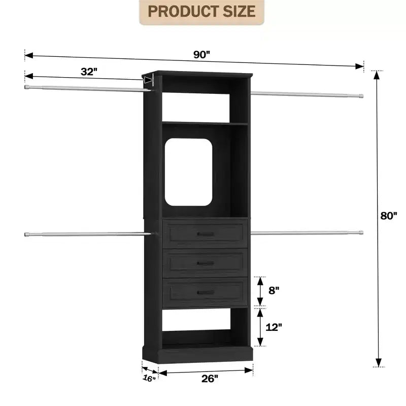 Sistema armadio con 4 aste appendiabiti, 3 cassetti e specchio