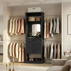 Besiost Closet System with 4 Hanging Rods and 3 Drawers, Closet Organizer with Mirror