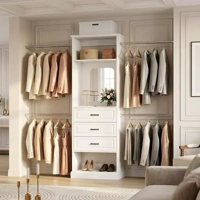Closet System with 4 Hanging Rods, 3 Drawers and Mirror