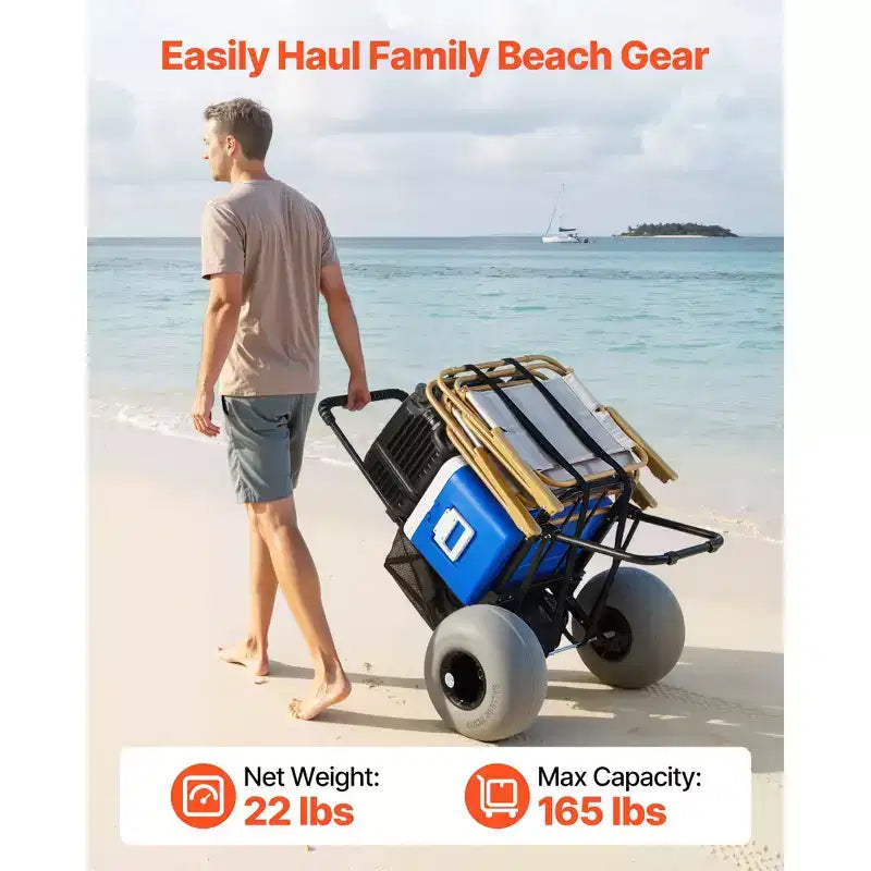Beach Dolly with Big Wheels for Sand, 18 x 15 Cargo Deck, Folding Sand Cart with 12 Balloon Wheels, 165 lbs Loading Capacity, Black