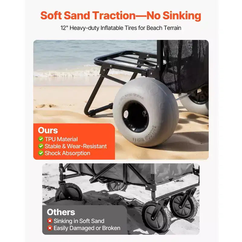 Carrello da spiaggia Dolly con ruote grandi per la sabbia, piattaforma di carico 18 x 15, carrello pieghevole per la sabbia con 12 ruote a palloncino, capacità di carico 165 libbre, nero