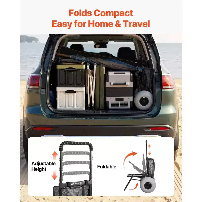 Carrello da spiaggia Dolly con ruote grandi per la sabbia, piattaforma di carico 18 x 15, carrello pieghevole per la sabbia con 12 ruote a palloncino, capacità di carico 165 libbre, nero