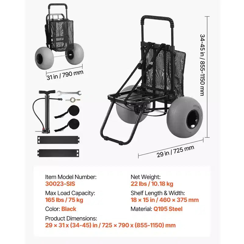 Carrello da spiaggia Dolly con ruote grandi per la sabbia, piattaforma di carico 18 x 15, carrello pieghevole per la sabbia con 12 ruote a palloncino, capacità di carico 165 libbre, nero