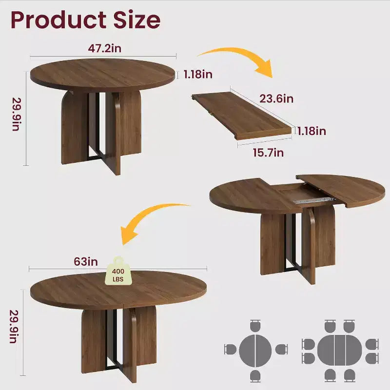 Tavolo da pranzo rotondo allungabile, 119–160 cm, 4-8 posti, piano in legno