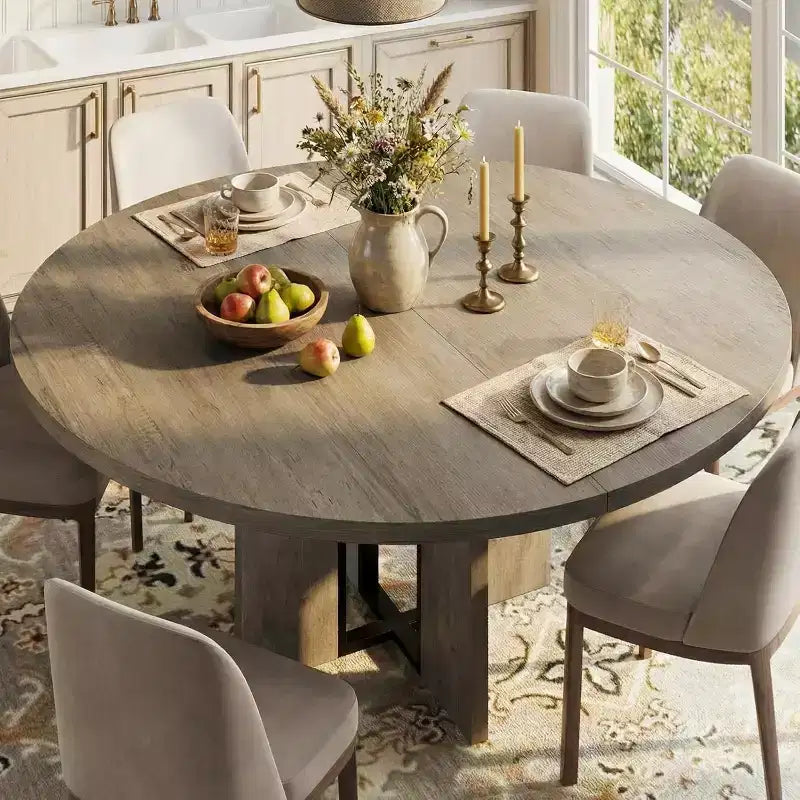 Extendable Round Dining Table, 47–63 Inch, Seats 4 to 8, Wood Top