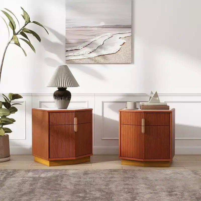 Nightstand with 2 Drawers and Vertical Stripe Design
