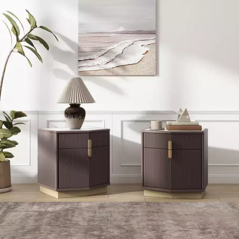 Nightstand with 2 Drawers and Vertical Stripe Design