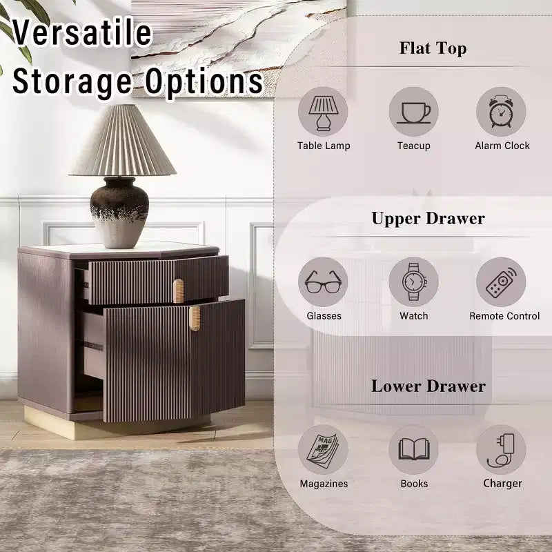 Nightstand with 2 Drawers and Vertical Stripe Design