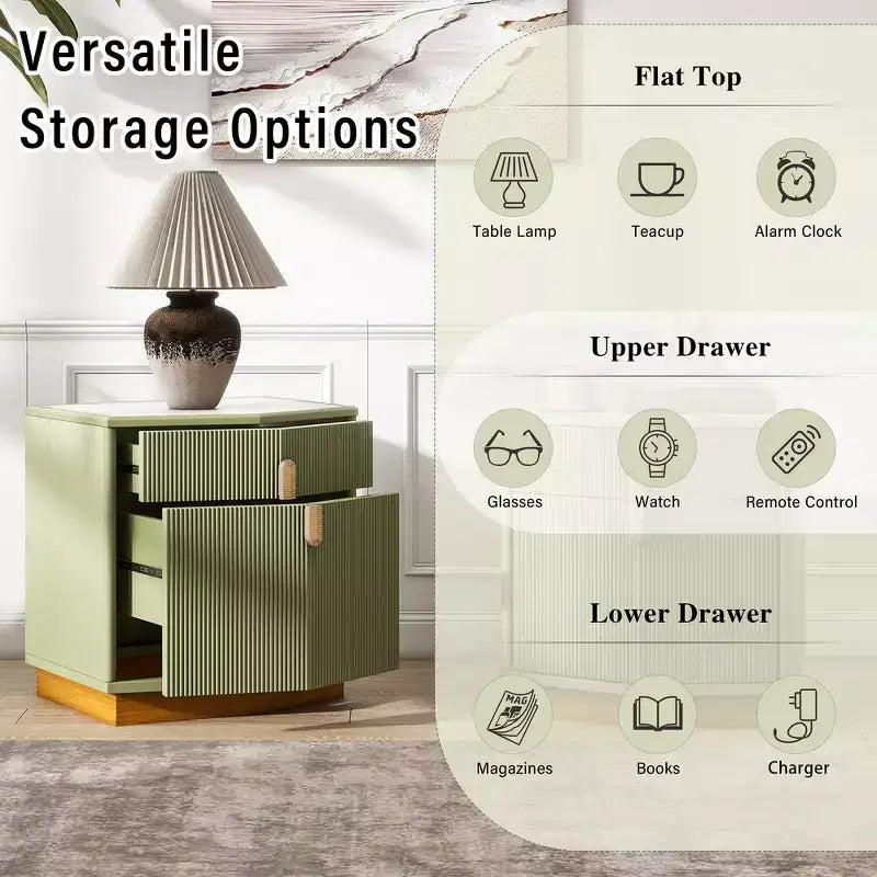 Nightstand with 2 Drawers and Vertical Stripe Design