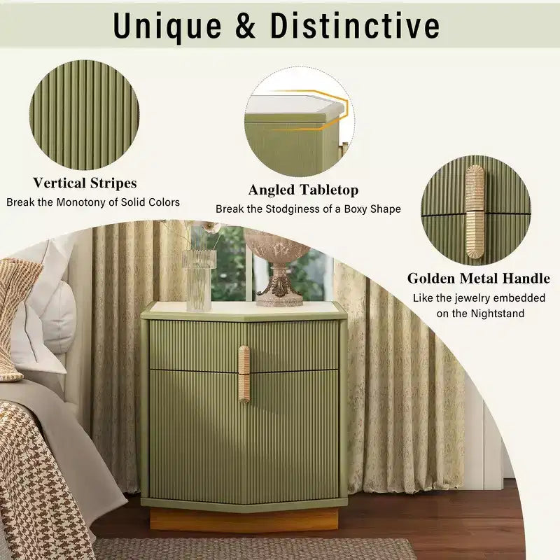 Nightstand with 2 Drawers and Vertical Stripe Design