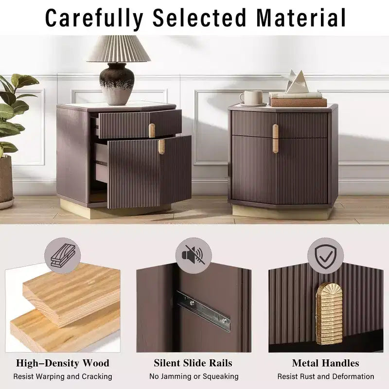 Nightstand with 2 Drawers and Vertical Stripe Design