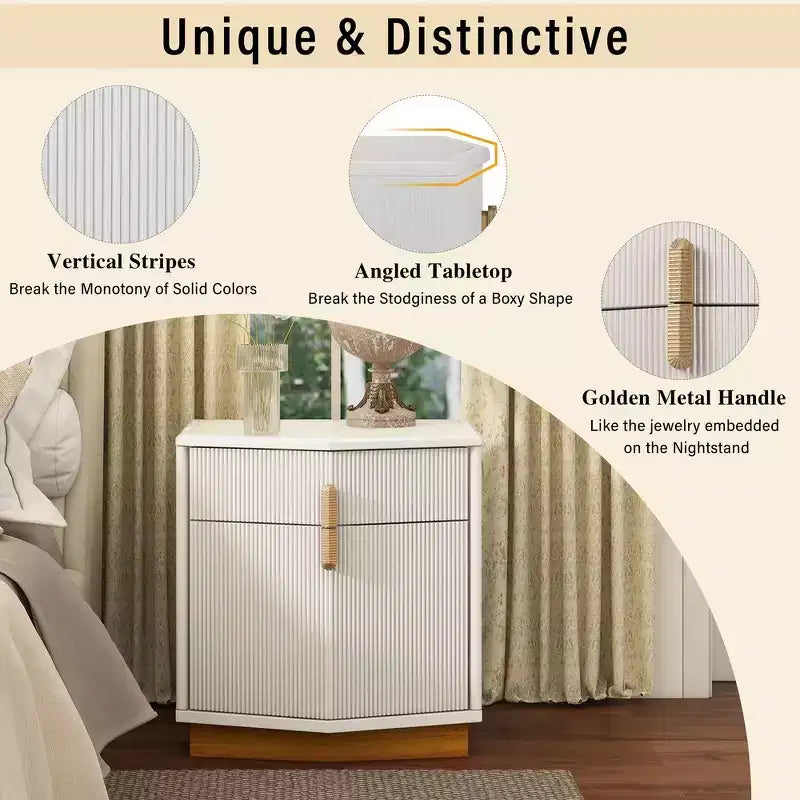 Nightstand with 2 Drawers and Vertical Stripe Design