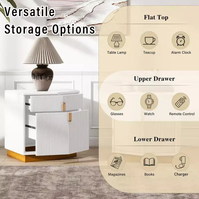 Nightstand with 2 Drawers and Vertical Stripe Design