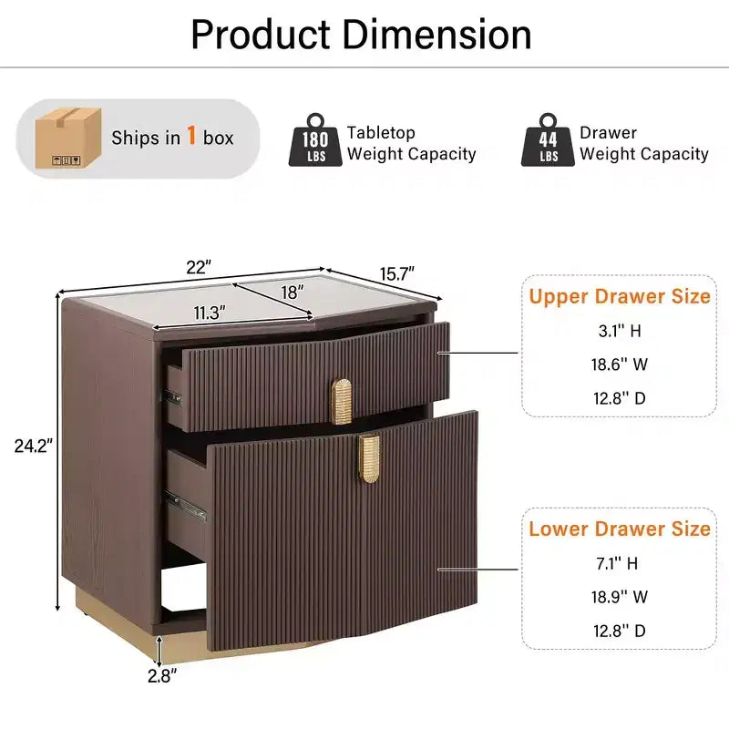 Nightstand with 2 Drawers and Vertical Stripe Design