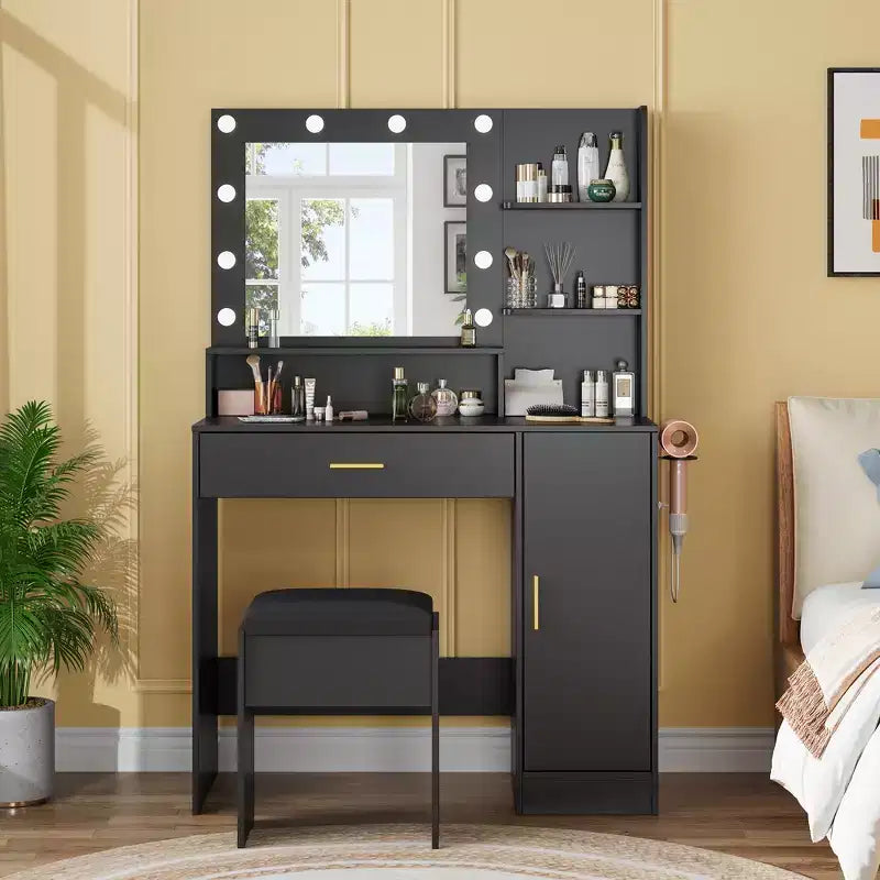 Vanity Desk Set with Stool and LED Mirror