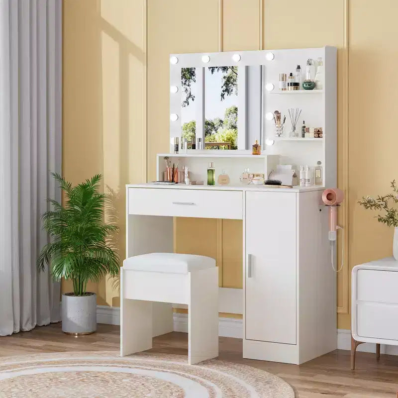 Vanity Desk Set with Stool and LED Mirror