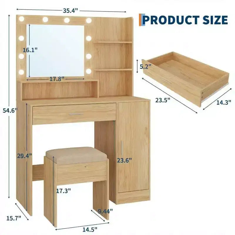Vanity Desk Set with Stool and LED Mirror