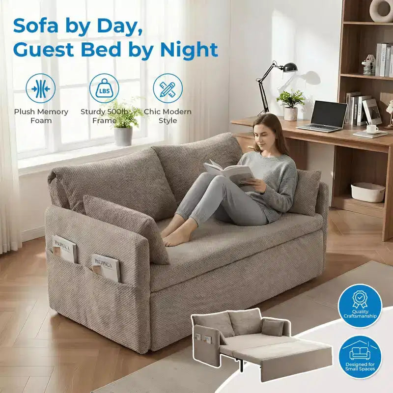 Convertible Sofa Bed with Adjustable Backrest, Bubble Fleece