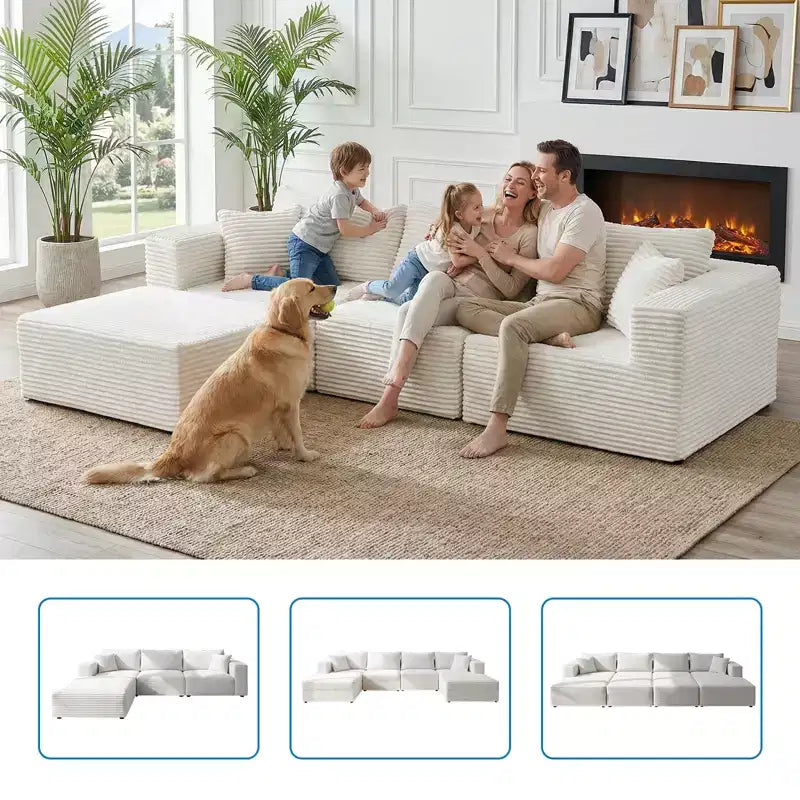 Grande Divano Sezionale Modulare con Chaise longue, Tessuto in Velluto a Coste, Bianco Avorio