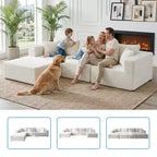 Grande Divano Sezionale Modulare con Chaise longue, Tessuto in Velluto a Coste, Bianco Avorio