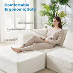 Grande Divano Sezionale Modulare con Chaise longue, Tessuto in Velluto a Coste, Bianco Avorio