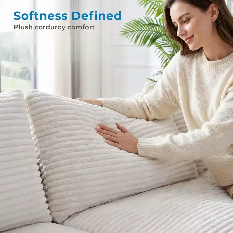 Grande Divano Sezionale Modulare con Chaise longue, Tessuto in Velluto a Coste, Bianco Avorio