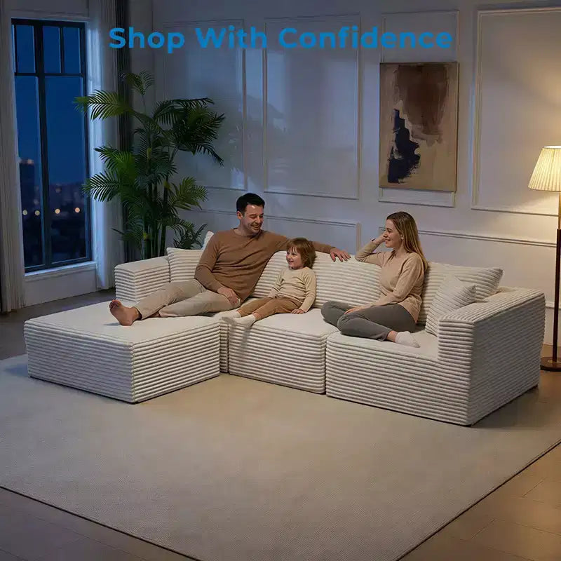 Grande Divano Sezionale Modulare con Chaise longue, Tessuto in Velluto a Coste, Bianco Avorio