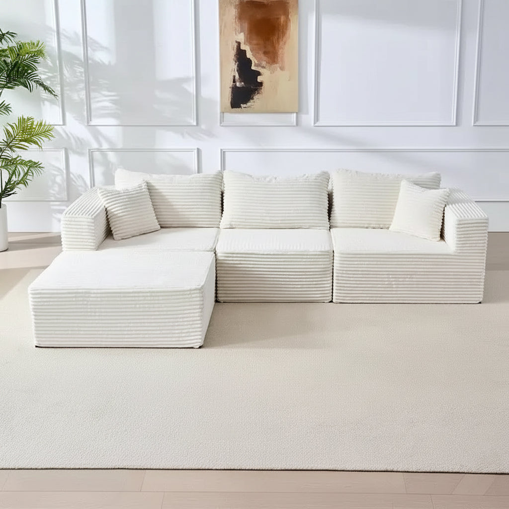 Large Modular Sectional Sofa with Chaise, Corduroy Fabric, Ivory White