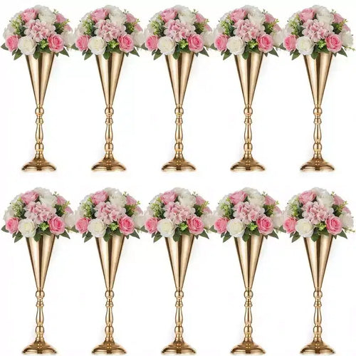 Elegant Gold Trumpet Vase Candle Holder Set 16.5 Inch Tall Tabletop Flower Stand for Weddings Anniversaries Home Decor