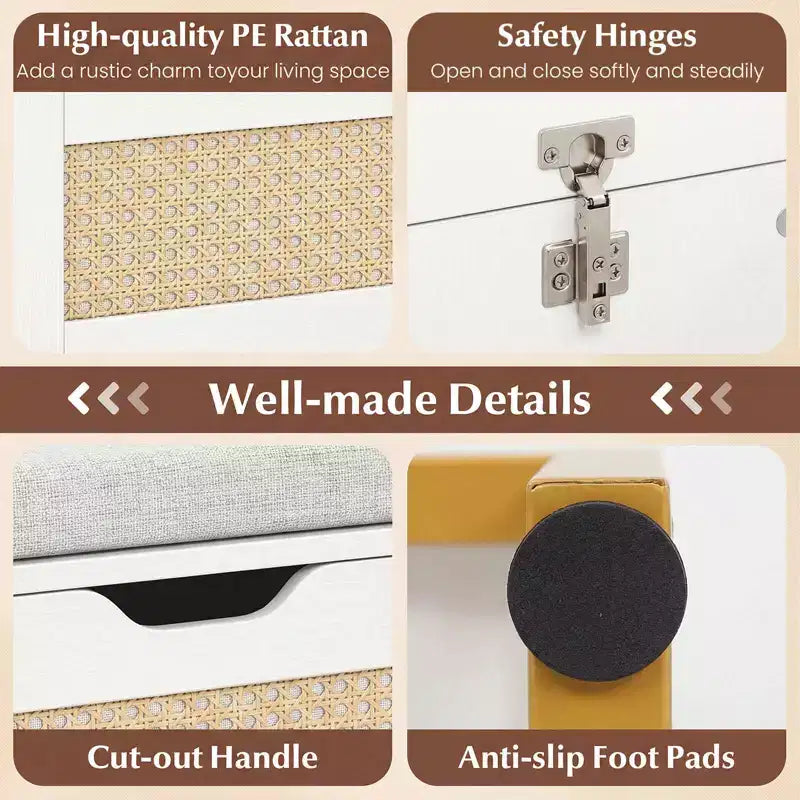 Panca contenitore in rattan da 99 cm con seduta imbottita, coperchio incernierato e cerniere di sicurezza – Oro e Bianco / Marrone