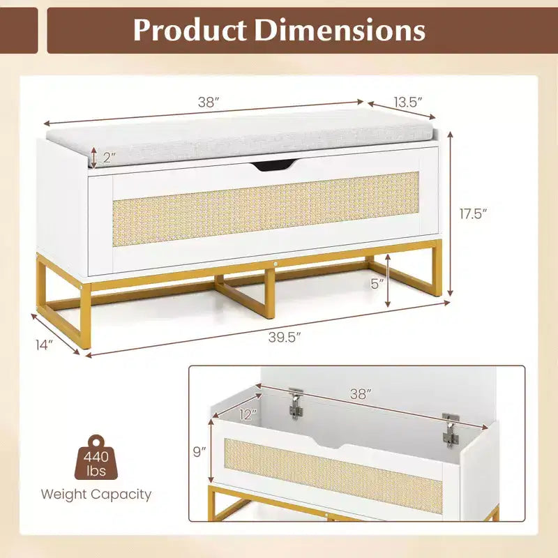 Panca contenitore in rattan da 99 cm con seduta imbottita, coperchio incernierato e cerniere di sicurezza – Oro e Bianco / Marrone