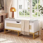 Panca contenitore in rattan da 99 cm con seduta imbottita, coperchio incernierato e cerniere di sicurezza – Oro e Bianco / Marrone