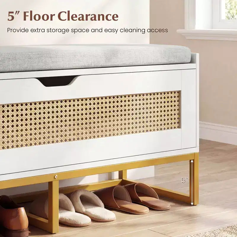 Panca contenitore in rattan da 99 cm con seduta imbottita, coperchio incernierato e cerniere di sicurezza – Oro e Bianco / Marrone
