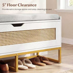 Panca contenitore in rattan da 99 cm con seduta imbottita, coperchio incernierato e cerniere di sicurezza – Oro e Bianco / Marrone